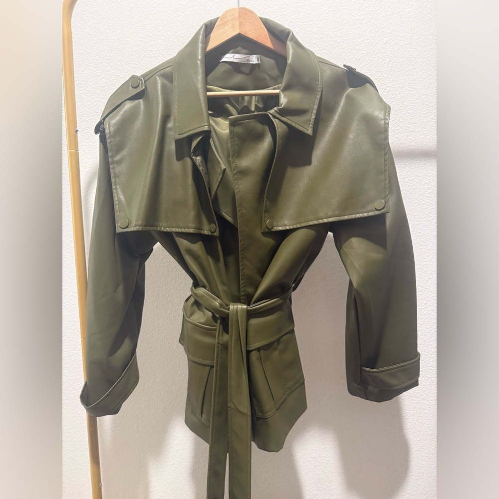 Olive Green Women's Leather Trench Coat